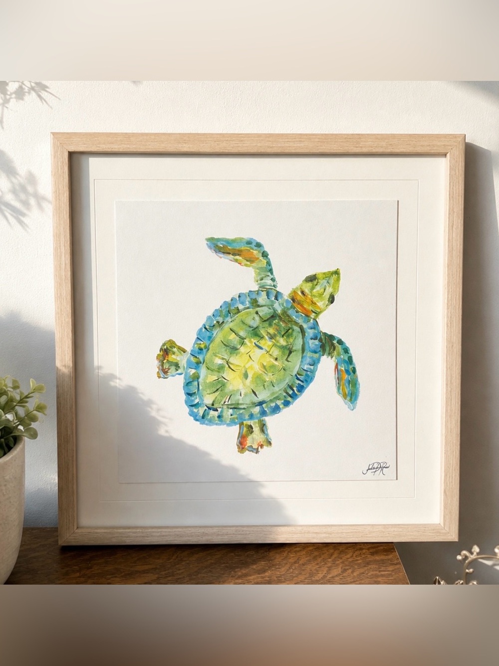 Framed Sea Turtle Watercolor Art – Coastal Beach House Decor